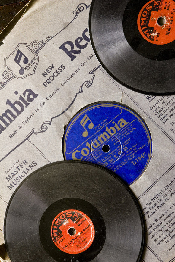 Detail of 78rpm gramophone records in the Parlour at Plas yn Rhiw, Pwllheli, Gwynedd