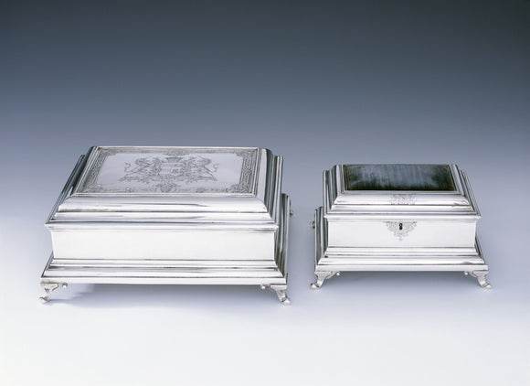 The Countess of Stamford's toilet service - large powder and comb boxes and jewel casket by Magdalen Feline, 1754, (DUN.S.327a & b, 330) part of the silver collection at Dunham Massey, photographed for the Country House Silver book.