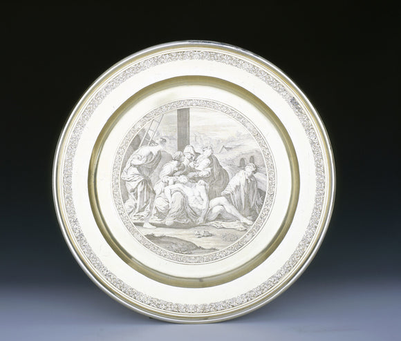 A large Alms dish by Isaac Liger, 1706/7, (DUN.S.321), part of the silver collection at Dunham Massey, photographed for the Country House Silver book.