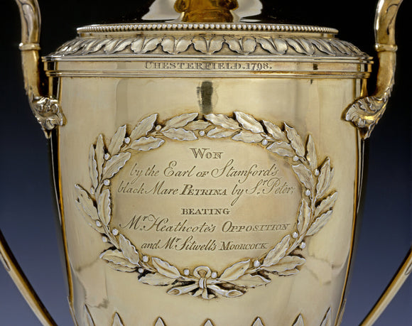 Close view of engraving on the Chesterfield Cup, silver-gilt, by W.Makepeace, 1798 (DUN.S.1) part of the silver collection at Dunham Massey, photographed for the Country House Silver book.