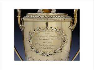 Close view of engraving on the Chesterfield Cup, silver-gilt, by W.Makepeace, 1798 (DUN.S.1) part of the silver collection at Dunham Massey, photographed for the Country House Silver book.