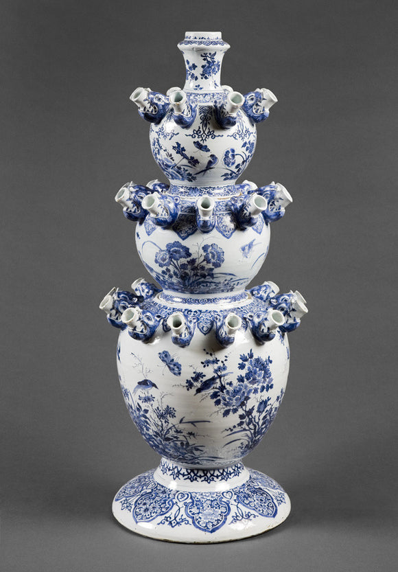 Blue & white Delftware ceramic flower holder at Dyrham Park, Gloucestershire