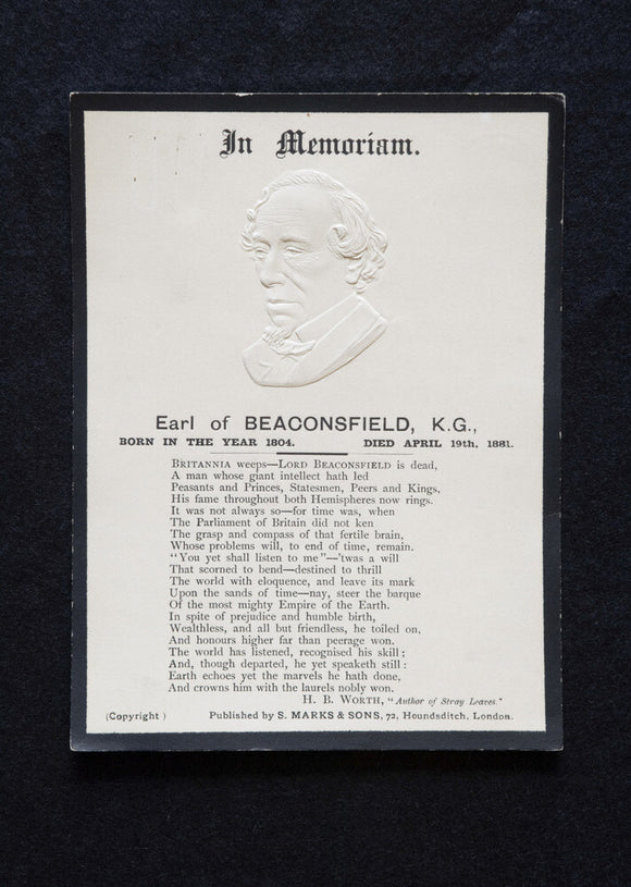 The In Memoriam embossed paper for Disraeli, the Earl of Beaconsfield, at Hughenden Manor, Buckinghamshire, home of prime minister Benjamin Disraeli between 1848 and 1881