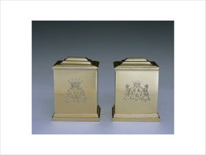 A pair of gilt tea caddies by Magdalen Feline, 1754/5, (DUN.S.275) part of the silver collection at Dunham Massey, photographed for the Country House Silver book.