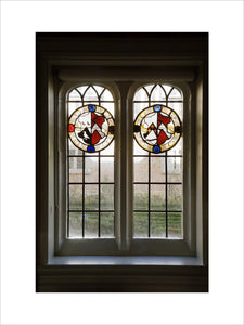 Stained glass window with roundels in the Saloon at Coughton Court, Warwickshire
