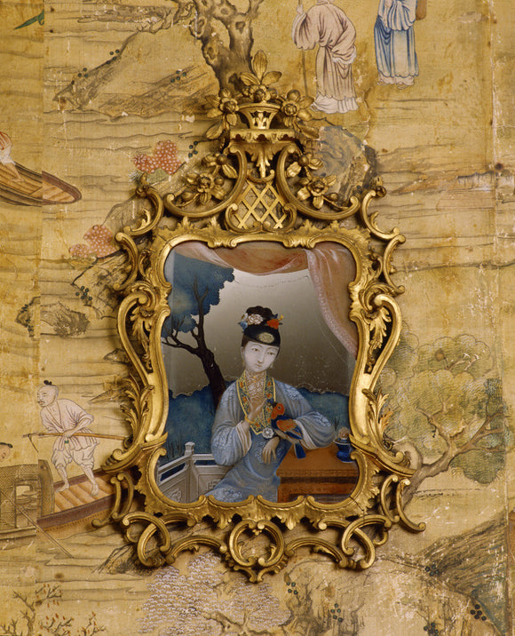 The Chinese Bedroom at Saltram, one of the mid C18th Chinese mirror paintings with a Rococo style