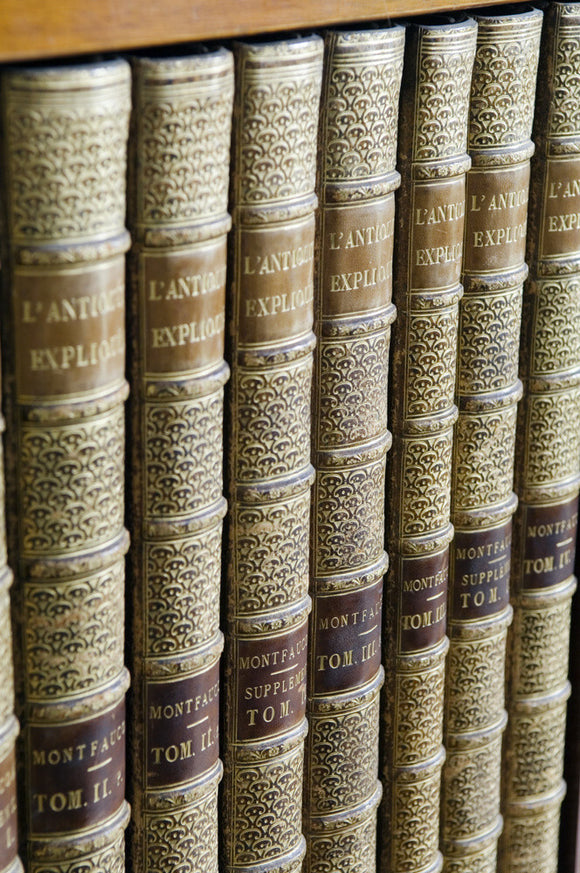 Leather-bound books on bookshelves in the Library at Hughenden Manor, Buckinghamshire, home of prime minister Benjamin Disraeli between 1848 and 1881