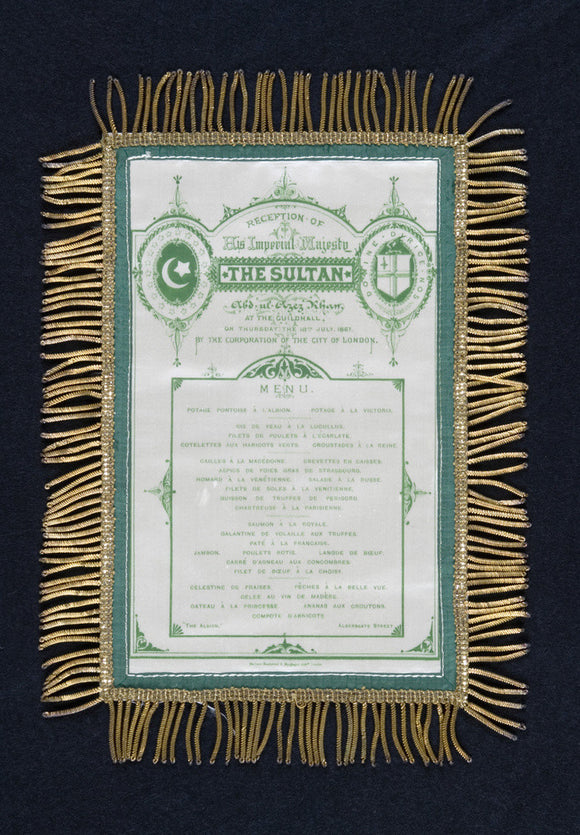 Tasselled paper menu for the Reception of His Imperial Majesty The Sultan at the Guildhall in 1867, at Hughenden Manor, Buckinghamshire, home of prime minister Benjamin Disraeli between 1848 and 1881