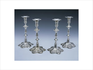 Four candlesticks by John Carter, 1773/4, (DUN.S.468) part of the silver collection at Dunham Massey, photographed for the Country House Silver book.