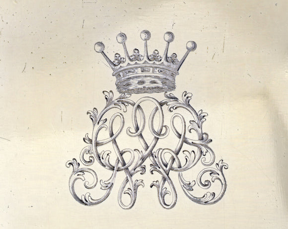 Detail of a monogram engraving on a canister by Magdalen Feline, 1754/5 (DUN.S.275) part of the silver collection at Dunham Massey, photographed for the Country House Silver book.
