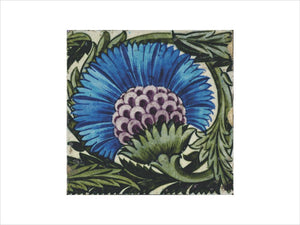 Large blue flower tile by de Morgan with claret centre and green surrounding foliage