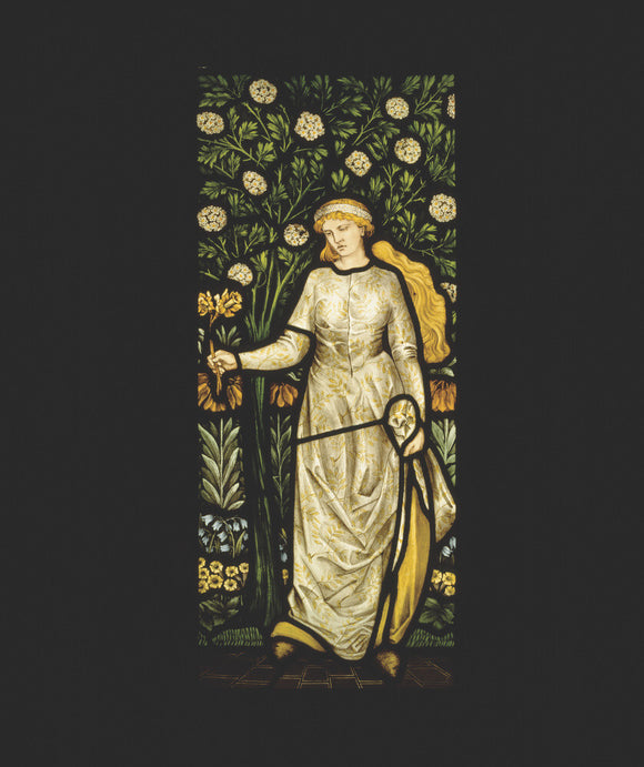 Spring, one of four stained glass panels in the inglenook fireplace in the Dining Room, designed by William Morris, dated 1873
