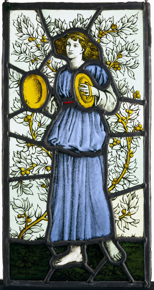 Painted glass, player with cymbals, by William Morris & Co, at Wightwick Manor