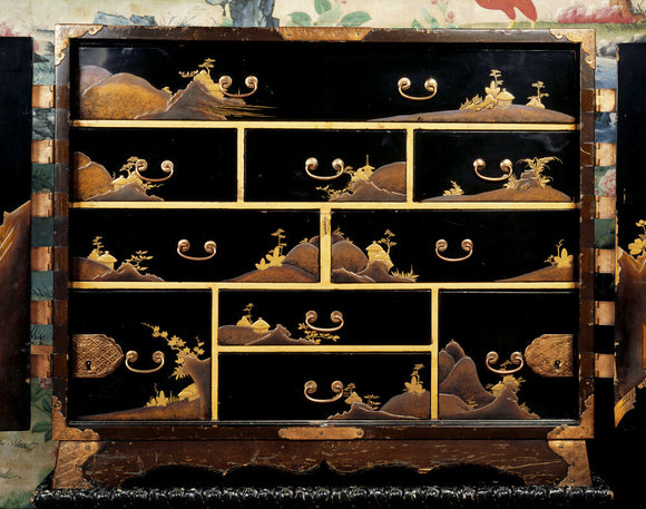 Close view of the drawers inside the late C17th black Japanese lacquer cabinet at Penrhyn Castle