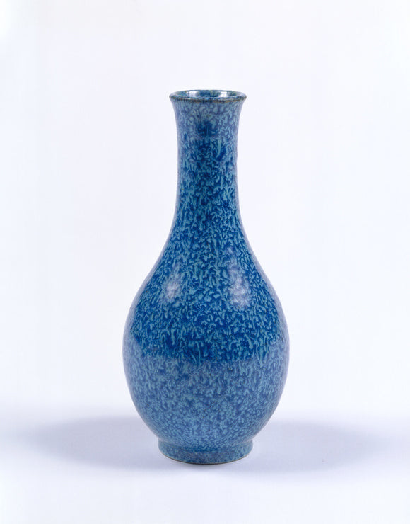 Narrrow necked bottle, Chinese, Yung Cheng period (1722-1736), mottled with robin's egg blue glaze, height 17cm, at Wightwick Manor
