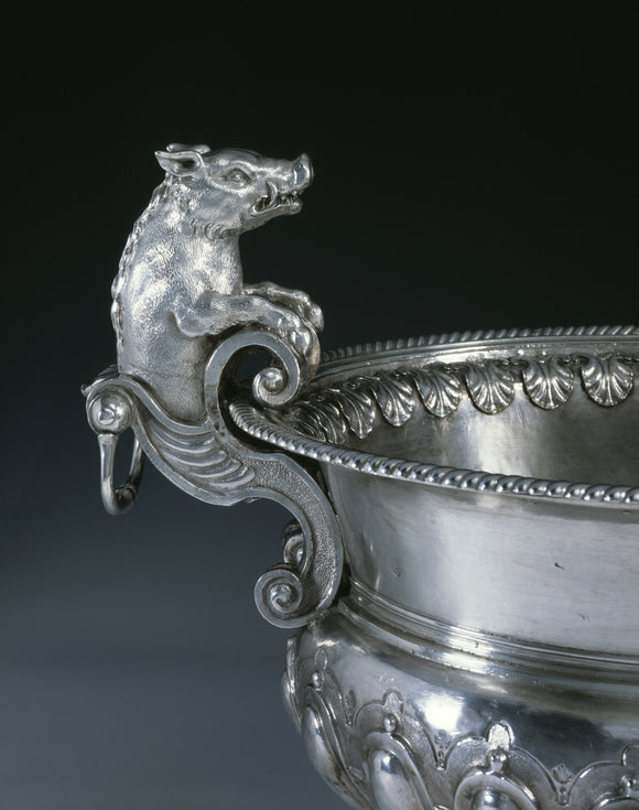 Detail of a William III wine cistern by Philip Rollos, 1701, (DUN.S.310), part of the silver collection at Dunham Massey, photographed for the Country House Silver book.