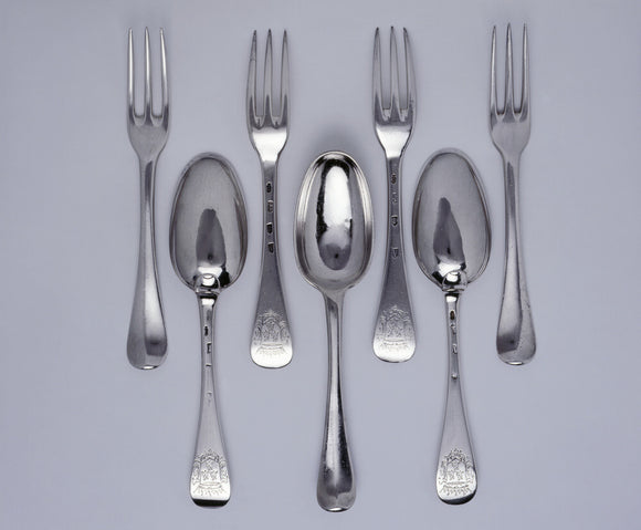 A set of twelve spoons and forks by John Jacob, 1735/6, (DUN.S.315) part of the silver collection at Dunham Massey, photographed for the Country House Silver book.