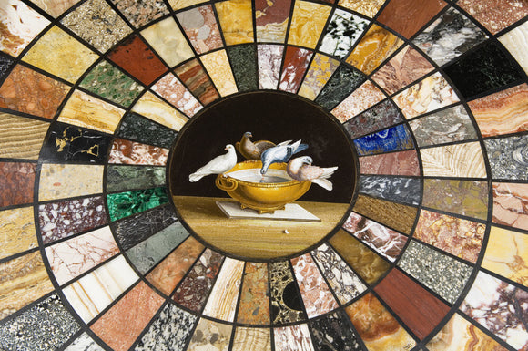 Detail of the circular micro-mosaic table top, depicting birds drinking from a bowl, in the Pompeian Room at Ickworth, Suffolk