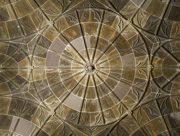 Part of the late eighteenth-century twelve-fan vaulted ceiling in the Front Hall at Coughton Court, Warwickshire