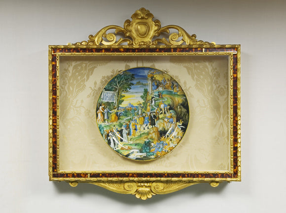 Framed Majolica plate depicting religious and classical scenes, in The Library at Ickworth, Suffolk