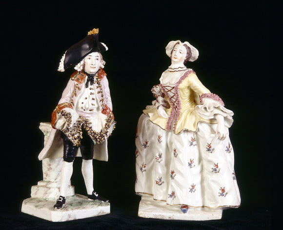Close view of Bow porcelain figures of Henry Woodward as 