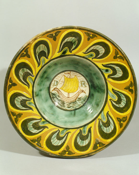 Della Robbia majolica charger in the Morning Room with ship in the centre
