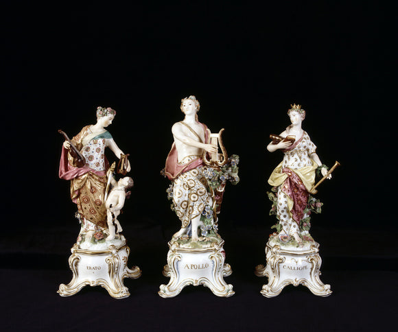 Close view of Chelsea Porcelain figures of Apollo and two of the Muses, c