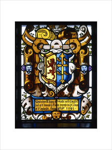 Detail of Thomas Willement's 19th-century heraldic stained glass from the Dining Room at Charlecote, depicting the arms of King Malcolm III of Scotland with those of his wife, Margaret