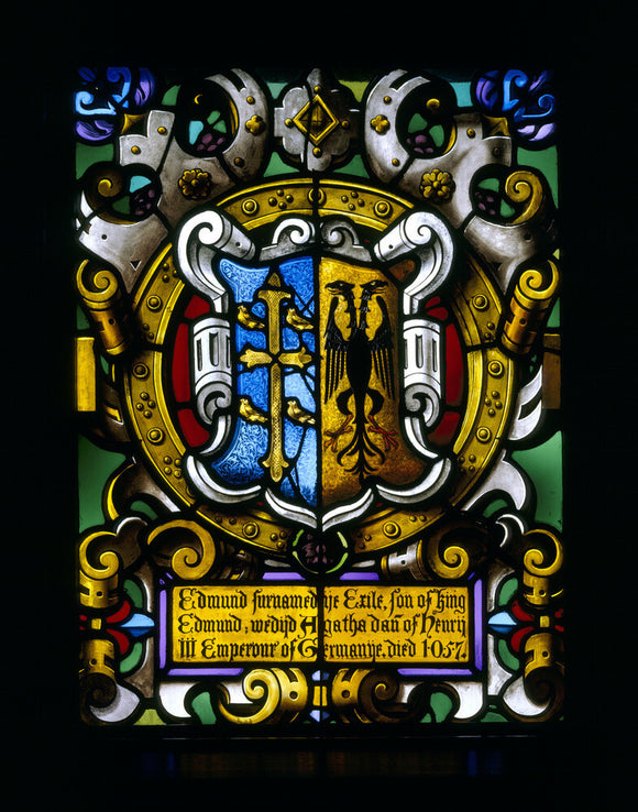 Detail of Thomas Willement's 19th-century armorial stained glass from the Dining Room at Charlecote, depicting the arms of Edmund the Exile and his wife Agatha, daughter of Henry III of Germany