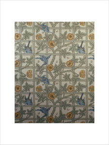 Detail of "Trellis" wallpaper in the Lobby by Morris and incorporating birds drawn by Philip Webb at Standen