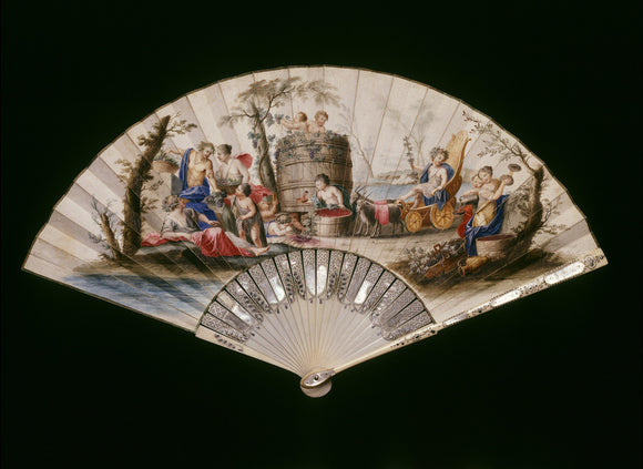 An early C18th. paper fan painted with a Bacchanalian procession.