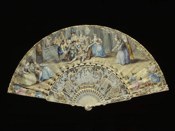Late C18th paper fan painted with scene from Commedia del Arte