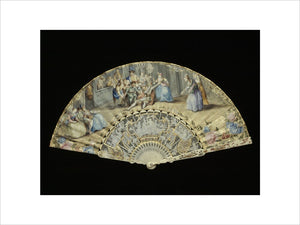 Late C18th paper fan painted with scene from Commedia del Arte