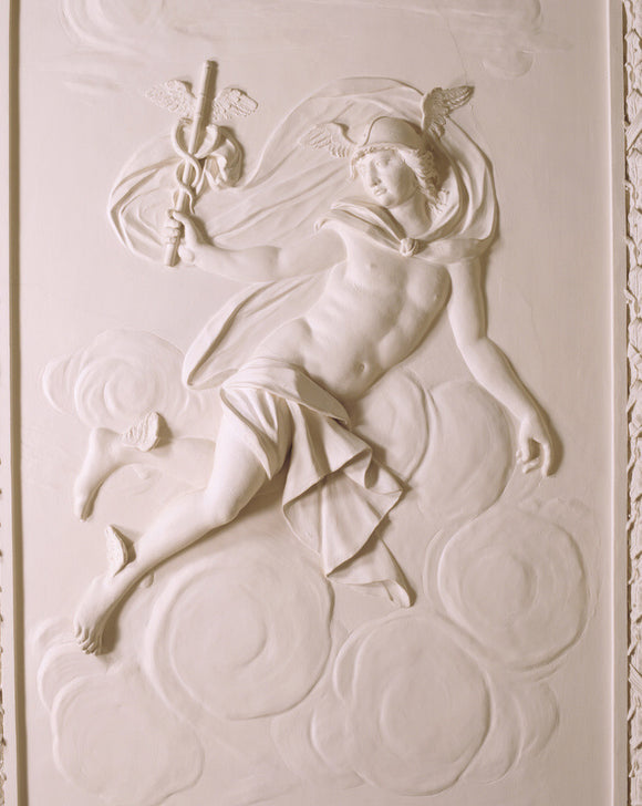 Detail of the plasterwork on the Entrance Hall ceiling at Saltram, showing the life-size figure of Mercury, god of good fortune, wealth and roads