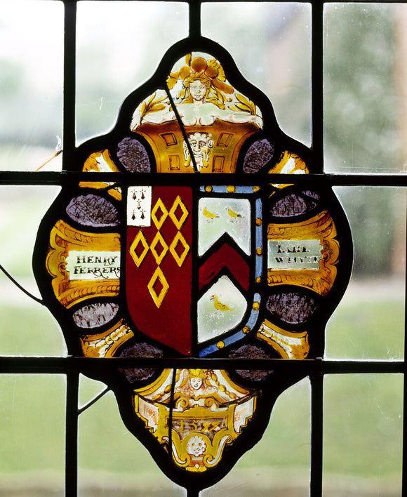 Detail of the armorial glass in the Drawing Room