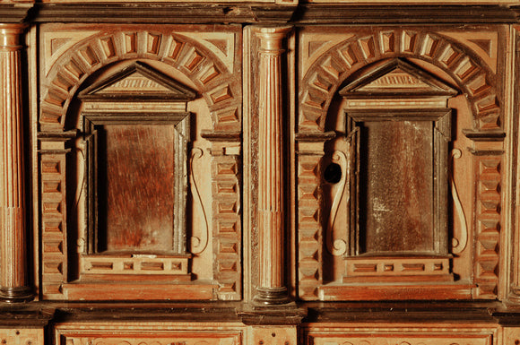 A South German Augsburg marquetry cabinet of architectural design, c.1560, part of the Charles Wade collection in Seraphim at Snowshill Manor, Gloucestershire.