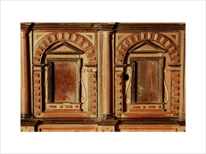 A South German Augsburg marquetry cabinet of architectural design, c.1560, part of the Charles Wade collection in Seraphim at Snowshill Manor, Gloucestershire.