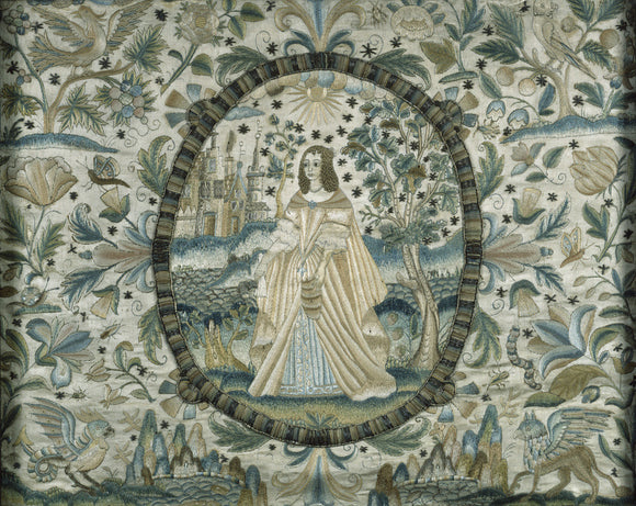 Mid-18th century textile panel in the Great Chamber at East Riddlesden Hall, depicting a lady in a landscape enclosed in an oval cartouche, possibly representing the personification of a season or virtue