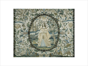 Mid-18th century textile panel in the Great Chamber at East Riddlesden Hall, depicting a lady in a landscape enclosed in an oval cartouche, possibly representing the personification of a season or virtue