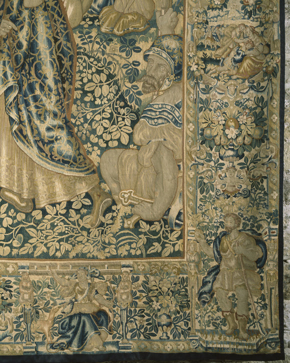 Close view of the bottom right hand corner of a Flemish tapestry, c.1600, depicting the story of David and Abigail, in the Hall at East Riddlesden Hall.