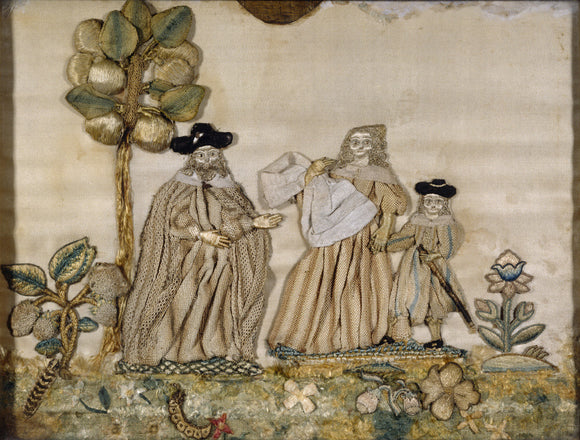 An example of stumpwork displayed in the Green Room