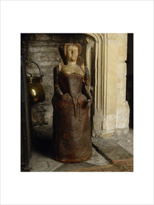 Detail of a leather lady, one of two on either side of the fireplace in the Great Hall at Lytes Cary, probably made in the C19th