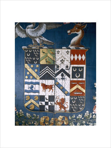 The central section of an heraldic banner painted on silk at Trerice, used by William Arundell Harris Arundell when High Sheriff of Cornwall in 1817