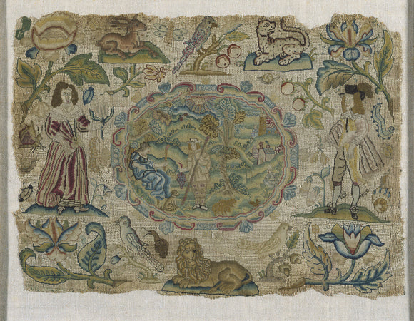 Canvas-work picture worked with silk in tent-and cross-stitch depicting a pastoral scene with flowers, animals, insects and figures possibly representing smell and taste, English, c