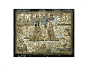 Raised-work picture, satin embroidered with silk, coloured purl, cord and braid, possibly representing Solomon and the Queen of Sheba, English, c