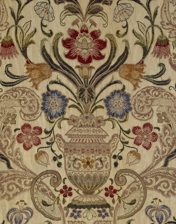 Detail of the floral design on the brocaded bed-hangings in the Gallery Bedroom at Powis Castle