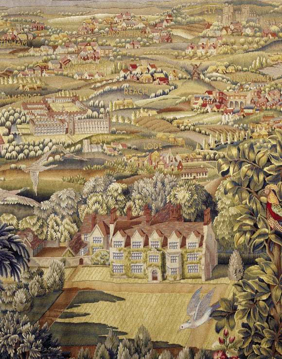 The garden front of Anglesey Abbey appears in a tapestry commissioned by Lord Fairhaven in 1931