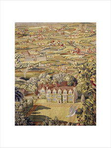 The garden front of Anglesey Abbey appears in a tapestry commissioned by Lord Fairhaven in 1931