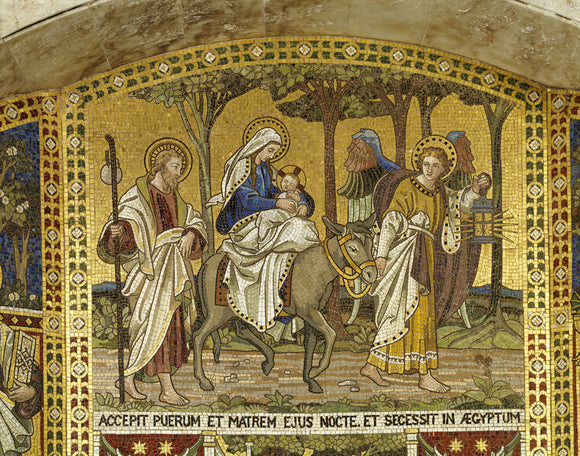 Biblical mosaic panel of 'The Flight into Egypt' in the Octagon Temple by Clayton & Bell, c.1893.