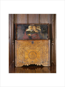 Mid-seventeenth-century chest with painted panel in the lid depicting the embrace of Elizabeth and the Virgin Mary, in the Great Hall at Great Chalfield Manor, near Melksham, Wiltshire